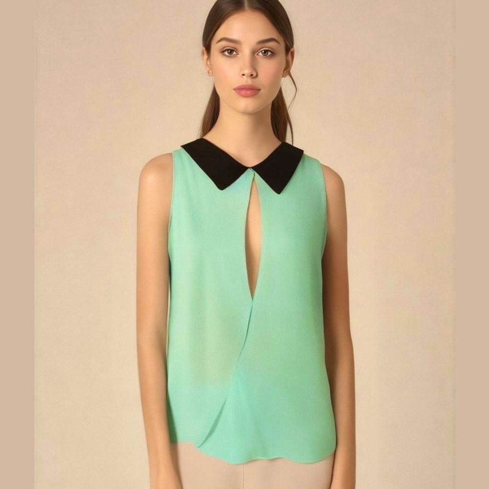 Soprano Draped Split Back Blouse Black Collar Sea-foam Green Small